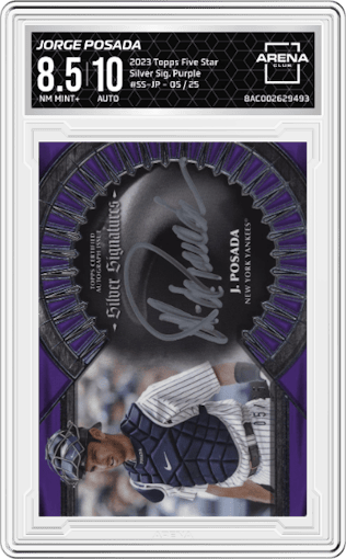 Jorge Posada from the 2023 Topps Five Star set featuring a Purple parallel graded by Arena Club and given an overall grade of 8.5.