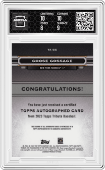 Goose Gossage from the 2023 Topps Tribute set featuring a Gold parallel graded by Arena Club and given an overall grade of 8.5.