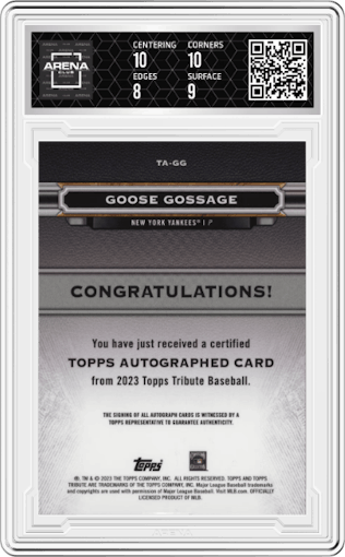 Goose Gossage from the 2023 Topps Tribute set featuring a Gold parallel graded by Arena Club and given an overall grade of 8.5.