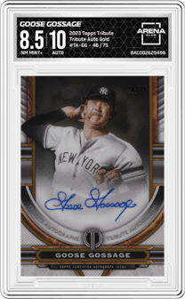 Goose Gossage from the 2023 Topps Tribute set featuring a Gold parallel graded by Arena Club and given an overall grade of 8.5.