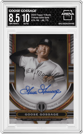 Goose Gossage from the 2023 Topps Tribute set featuring a Gold parallel graded by Arena Club and given an overall grade of 8.5.