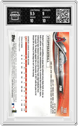Shohei Ohtani from the 2018 Topps Series 2 set graded by Arena Club and given an overall grade of 9.5.