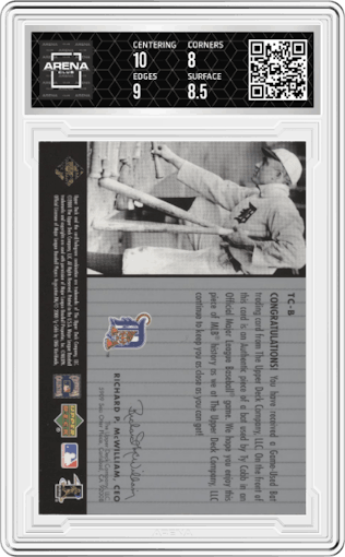 Ty Cobb from the 2000 SPx set graded by Arena Club and given an overall grade of 8.5.