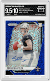Spencer Rattler from the 2024 Panini Prizm set featuring a Blue Shimmer parallel graded by Arena Club and given an overall grade of 9.5.