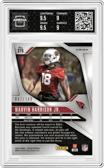 Marvin Harrison Jr. from the 2024 Panini Prizm set featuring a Red Wave parallel and given an overall grade of 9.5.