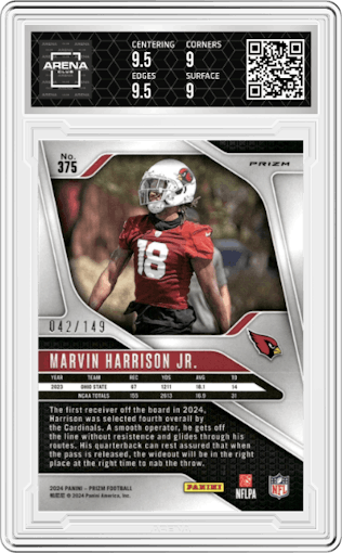 Marvin Harrison Jr. from the 2024 Panini Prizm set featuring a Red Wave parallel graded by Arena Club and given an overall grade of 9.5.