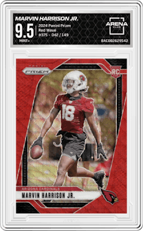 Marvin Harrison Jr. from the 2024 Panini Prizm set featuring a Red Wave parallel and given an overall grade of 9.5.