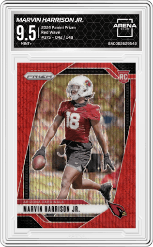 Marvin Harrison Jr. from the 2024 Panini Prizm set featuring a Red Wave parallel graded by Arena Club and given an overall grade of 9.5.
