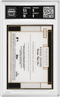Rafael Devers from the 2024 Topps Definitive Collection set featuring a Purple parallel and given an overall grade of 9.5.