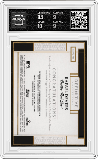 Rafael Devers from the 2024 Topps Definitive Collection set featuring a Purple parallel graded by Arena Club and given an overall grade of 9.5.