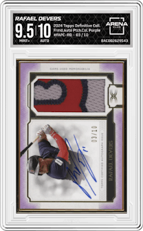 Rafael Devers from the 2024 Topps Definitive Collection set featuring a Purple parallel and given an overall grade of 9.5.