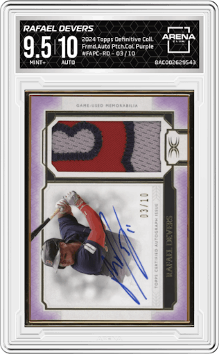 Rafael Devers from the 2024 Topps Definitive Collection set featuring a Purple parallel graded by Arena Club and given an overall grade of 9.5.