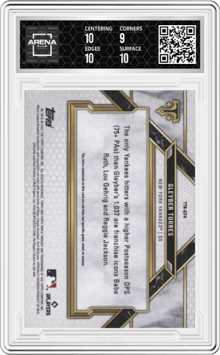 Gleyber Torres from the 2021 Topps Triple Threads set featuring a Ruby parallel graded by Arena Club and given an overall grade of 9.5.