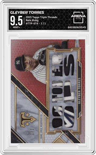 Gleyber Torres from the 2021 Topps Triple Threads set featuring a Ruby parallel graded by Arena Club and given an overall grade of 9.5.