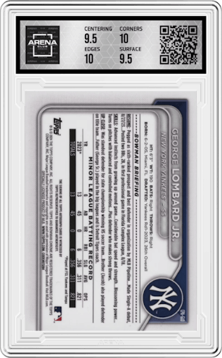 George Lombard Jr. from the 2024 Bowman set graded by Arena Club and given an overall grade of 10.