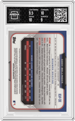 Cody Bellinger from the 2015 Bowman Chrome set graded by Arena Club and given an overall grade of 9.5.