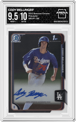 Cody Bellinger from the 2015 Bowman Chrome set graded by Arena Club and given an overall grade of 9.5.