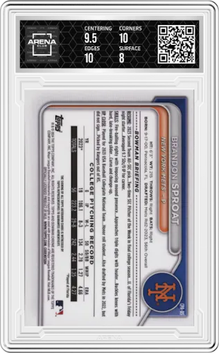 Brandon Sproat from the 2024 Bowman Chrome set featuring a Yellow Refractor parallel graded by Arena Club and given an overall grade of 8.5.