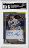 Brandon Sproat from the 2024 Bowman Chrome set featuring a Yellow Refractor parallel graded by Arena Club and given an overall grade of 8.5.