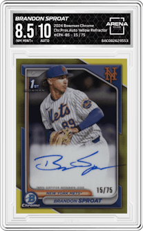 Brandon Sproat from the 2024 Bowman Chrome set featuring a Yellow Refractor parallel graded by Arena Club and given an overall grade of 8.5.