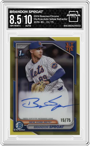 Brandon Sproat from the 2024 Bowman Chrome set featuring a Yellow Refractor parallel graded by Arena Club and given an overall grade of 8.5.