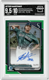 Jeter Martinez from the 2024 Bowman Chrome set featuring a Green Refractor parallel graded by Arena Club and given an overall grade of 9.5.
