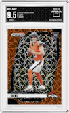 Bo Nix from the 2024 Panini Prizm set featuring a Lazer Prizm parallel graded by Arena Club and given an overall grade of 9.5.