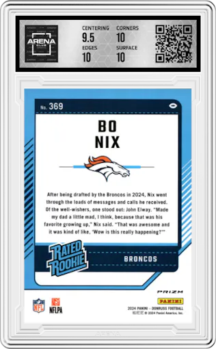 Bo Nix from the 2024 Donruss set featuring a Green Velocity parallel graded by Arena Club and given an overall grade of 10.