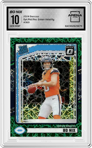 Bo Nix from the 2024 Donruss set featuring a Green Velocity parallel graded by Arena Club and given an overall grade of 10.