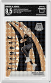Nikola Jokic from the 2023-24 Panini Mosaic set featuring a Orange Fluorescent  parallel graded by Arena Club and given an overall grade of 9.5.