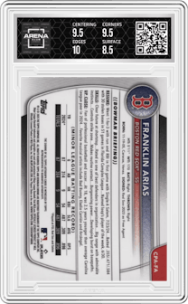 Franklin Arias from the 2025 Bowman set and given an overall grade of 9.