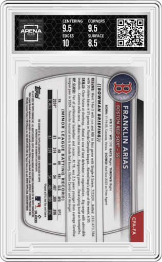 Franklin Arias from the 2025 Bowman set graded by Arena Club and given an overall grade of 9.