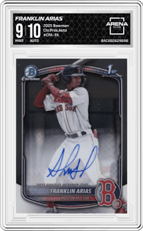 Franklin Arias from the 2025 Bowman set graded by Arena Club and given an overall grade of 9.