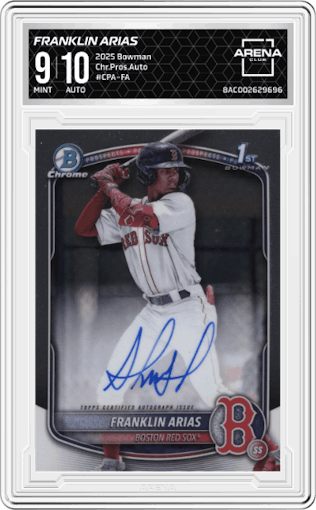 Franklin Arias from the 2025 Bowman set graded by Arena Club and given an overall grade of 9.