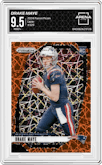 Drake Maye from the 2024 Panini Prizm set featuring a Lazer Prizm parallel graded by Arena Club and given an overall grade of 9.5.