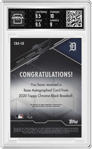 Miguel Cabrera from the 2020 Topps Chrome Black set graded by Arena Club and given an overall grade of 9.5.
