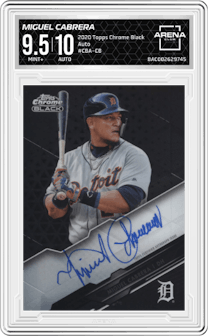 Miguel Cabrera from the 2020 Topps Chrome Black set graded by Arena Club and given an overall grade of 9.5.