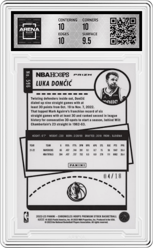 Luka Doncic from the 2022-23 Panini Chronicles  set featuring a Asia Jade  parallel graded by Arena Club and given an overall grade of 10.