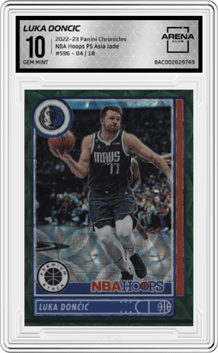 Luka Doncic from the 2022-23 Panini Chronicles  set featuring a Asia Jade  parallel graded by Arena Club and given an overall grade of 10.