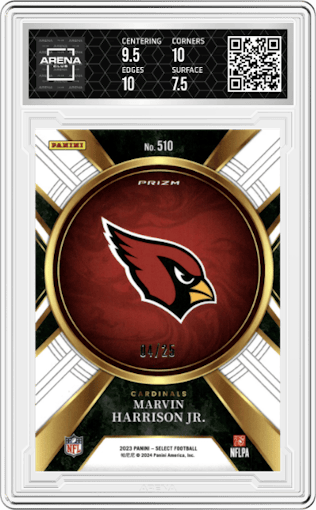 Marvin Harrison Jr. from the 2023 Panini Select set featuring a Tie-Dye Prizm parallel graded by Arena Club and given an overall grade of 8.