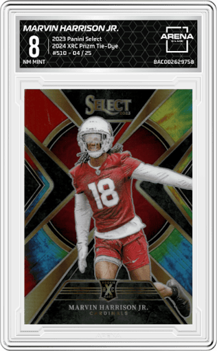 Marvin Harrison Jr. from the 2023 Panini Select set featuring a Tie-Dye Prizm parallel graded by Arena Club and given an overall grade of 8.