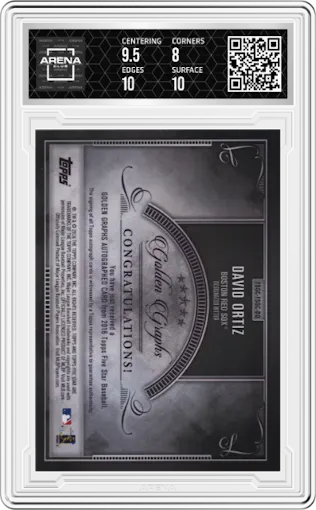 David Ortiz from the 2016 Topps Five Star set featuring a Blue parallel graded by Arena Club and given an overall grade of 8.5.