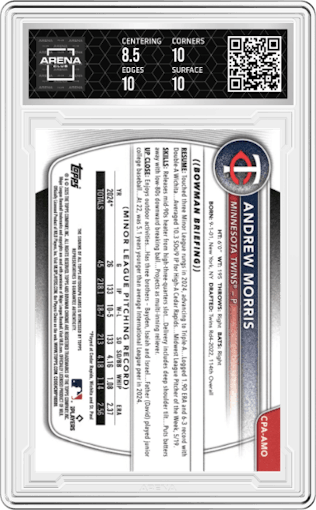 Andrew Morris from the 2025 Bowman set featuring a Gold Lava Refractor parallel graded by Arena Club and given an overall grade of 9.