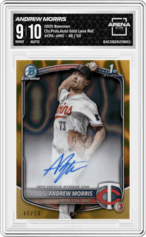 Andrew Morris from the 2025 Bowman set featuring a Gold Lava Refractor parallel graded by Arena Club and given an overall grade of 9.
