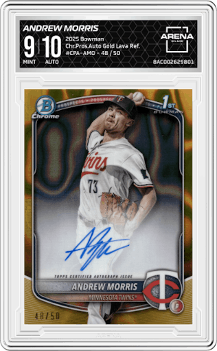 Andrew Morris from the 2025 Bowman set featuring a Gold Lava Refractor parallel graded by Arena Club and given an overall grade of 9.