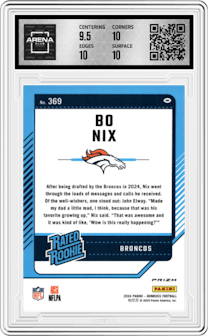 Bo Nix from the 2024 Donruss set featuring a Pink parallel graded by Arena Club and given an overall grade of 10.