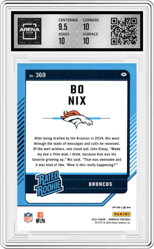 Bo Nix from the 2024 Donruss set featuring a Pink parallel graded by Arena Club and given an overall grade of 10.
