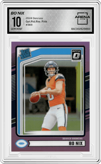 Bo Nix from the 2024 Donruss set featuring a Pink parallel graded by Arena Club and given an overall grade of 10.