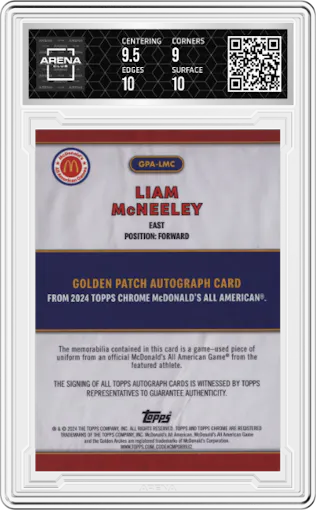 Liam McNeeley from the 2024 Topps Chrome McDonald's All-American set graded by Arena Club and given an overall grade of 9.5.