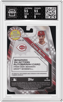 Chase Burns from the 2024 Bowman Draft set featuring a Lava Refractor parallel graded by Arena Club and given an overall grade of 9.5.